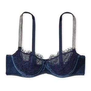 New! Victoria’s Secret Wicked Shine Strap Navy Velvet Balconette Bra 4798